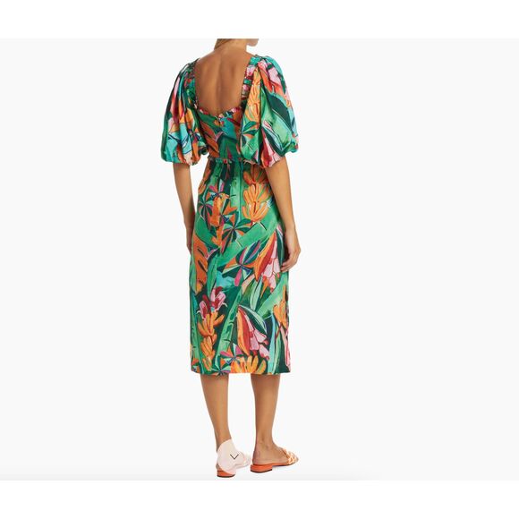 NWT Farm Rio Banana Foliage Puff-Sleeve Cotton Voile Midi-Dress - Large - Picture 3 of 16